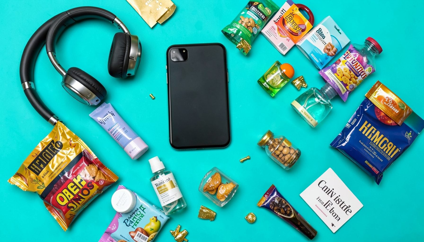 A vibrant flat-lay of assorted giveaway prizes on a bright teal background — headphones, a smartphone, beauty products, snack packs, and gift cards arranged in a cheerful scattered pattern with warm golden accents.