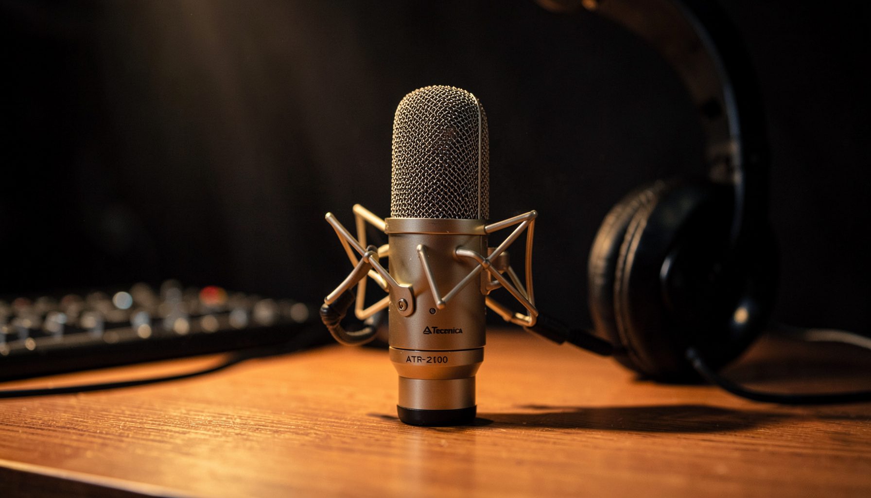 Audio-Technica ATR-2100 USB microphone on a desk with a pop filter and headphones, warm studio lighting, dark background