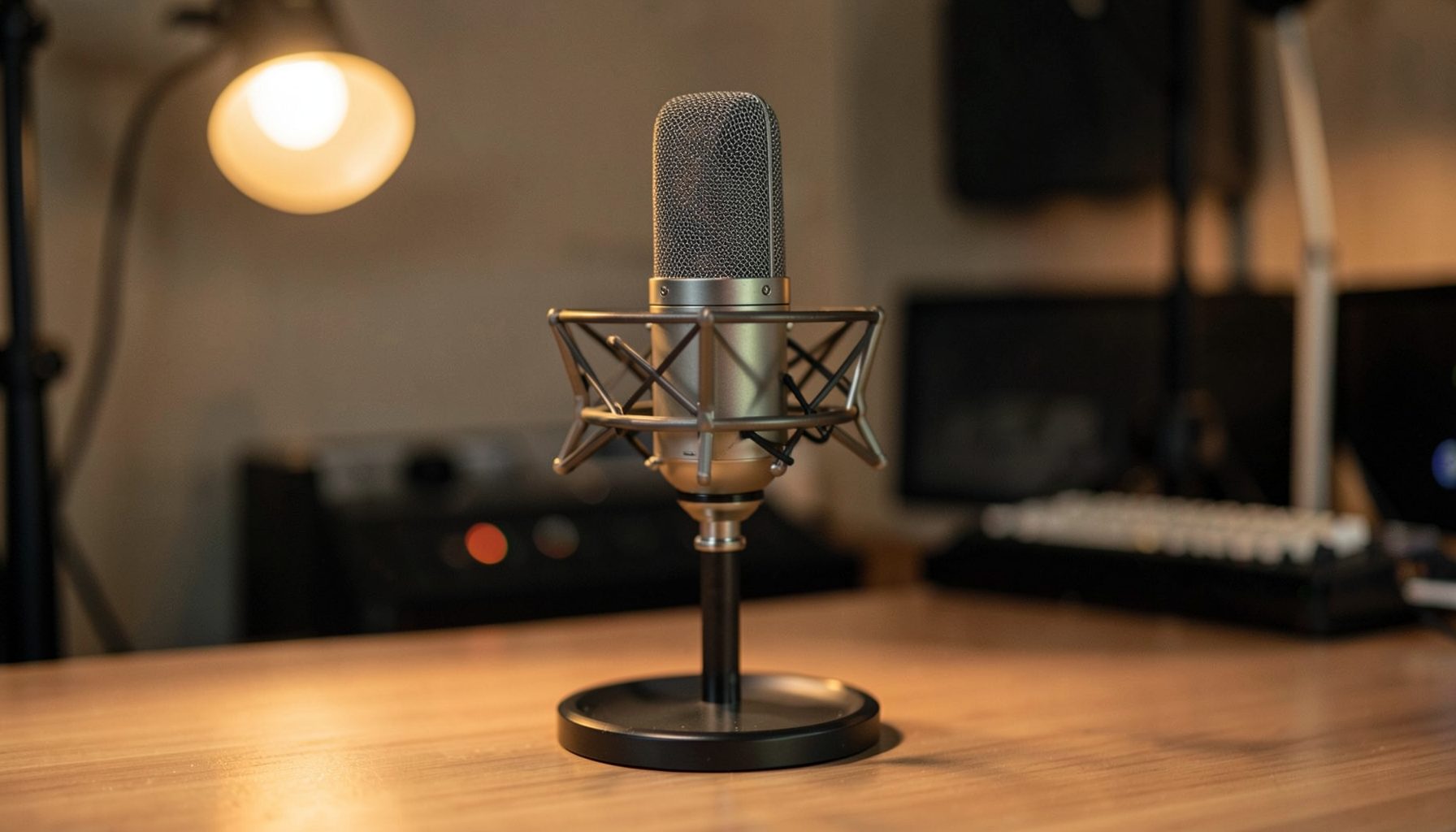 A professional-grade microphone on a desk stand, soft studio lighting, podcasting or recording setup ambiance.