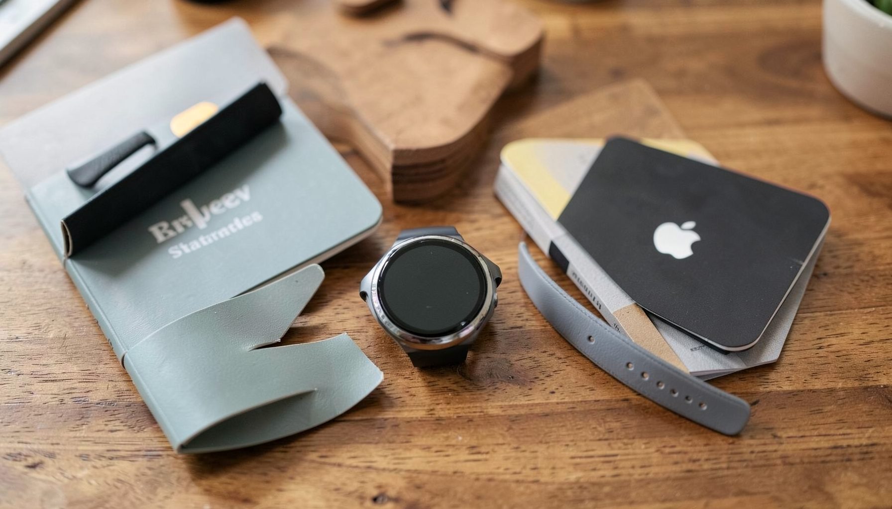 Apple Watch and entrepreneur starter kit items on a wooden desk