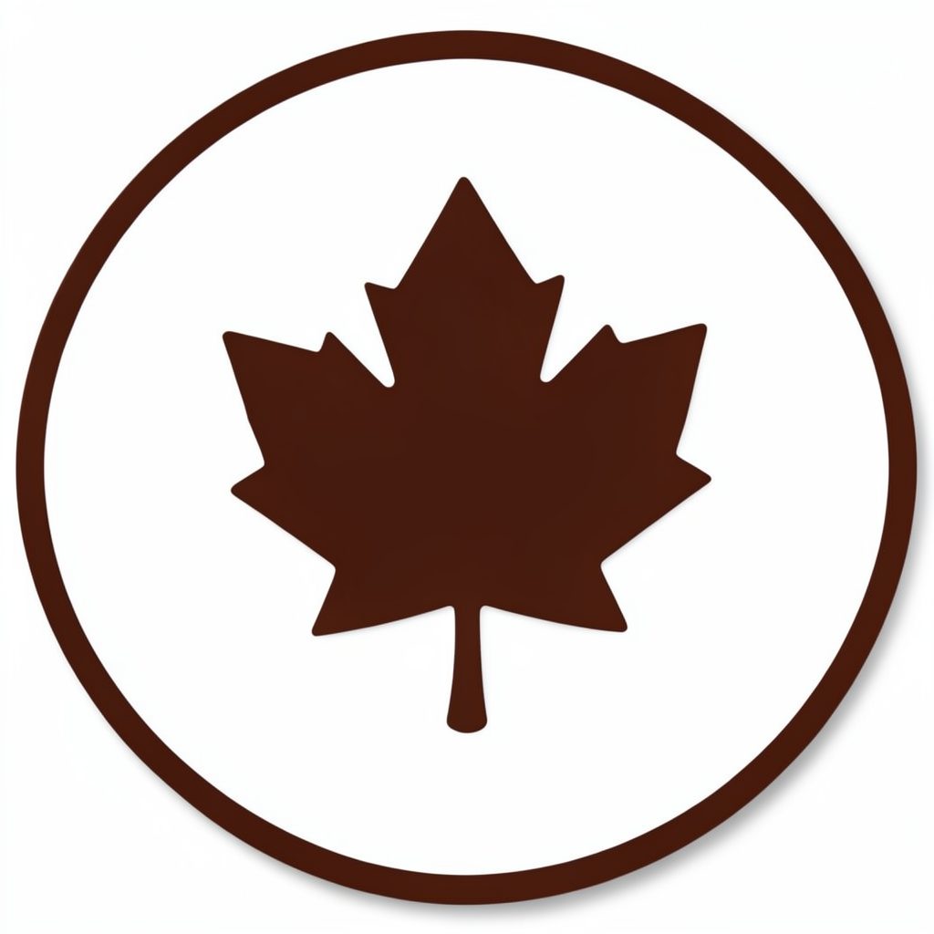 Circular badge icon with a maple leaf outline in deep brown on white.