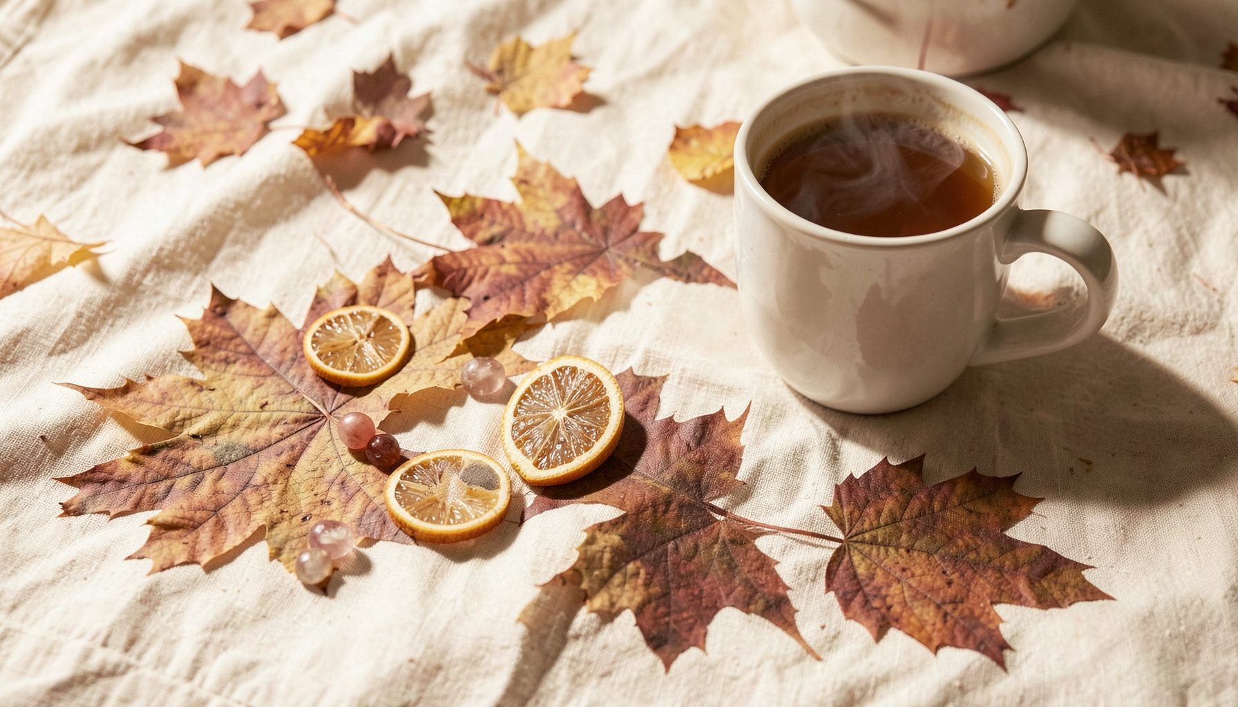 A warm, softly lit flat-lay scene on a cream linen surface with a maple leaf motif, scattered product samples, and a steaming mug, evoking a cozy Canadian morning of discovery.