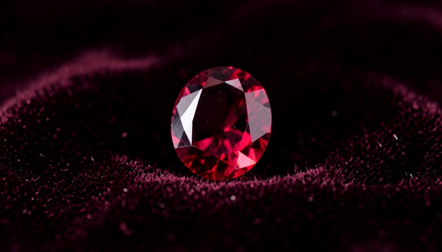 Deep red oval ruby gemstone on a dark velvet surface, rich crimson tones