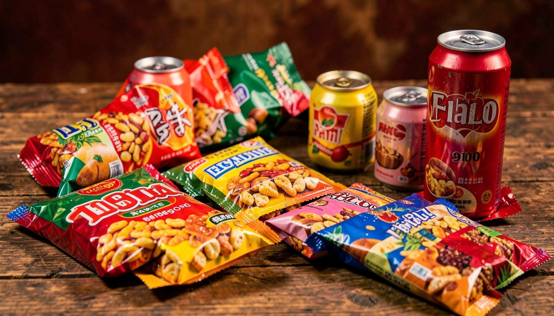 Colorful snack bags, beverage cans, and wrapped food packages spread across a rustic wooden table in warm amber and red tones.