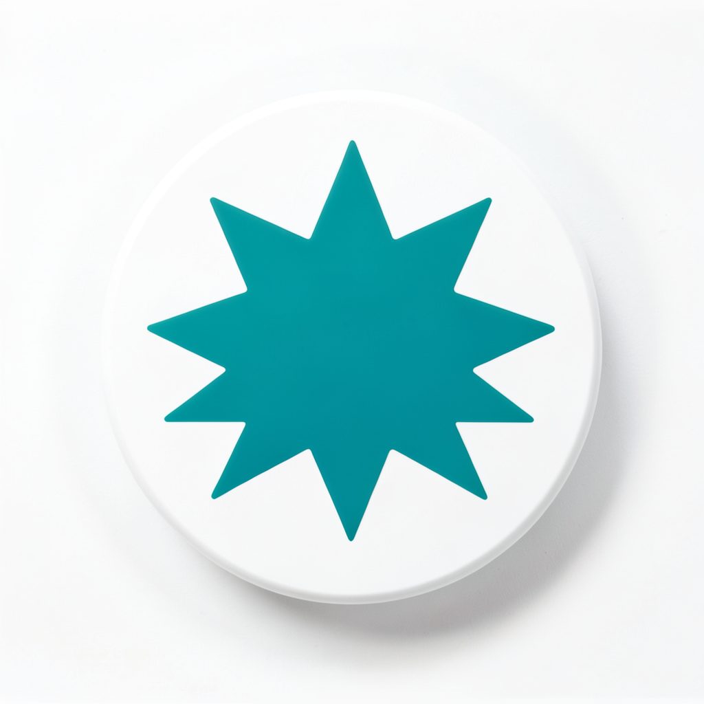 Circular badge icon with a star burst shape in teal on white.