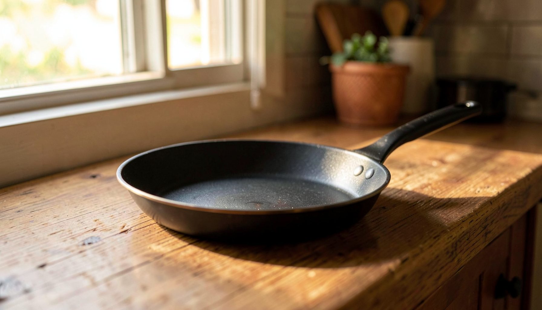 A gleaming nonstick fry pan resting on a wooden kitchen counter, warm natural light from a nearby window, cozy home-cooking atmosphere.