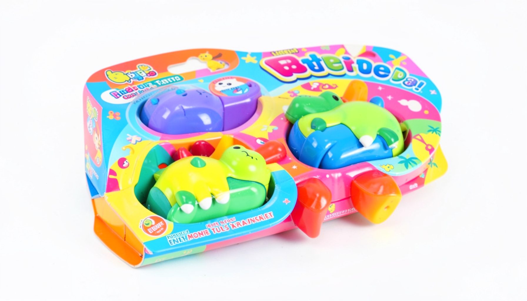 Colorful children's dinosaur-themed oral care kit with bright packaging on a white surface