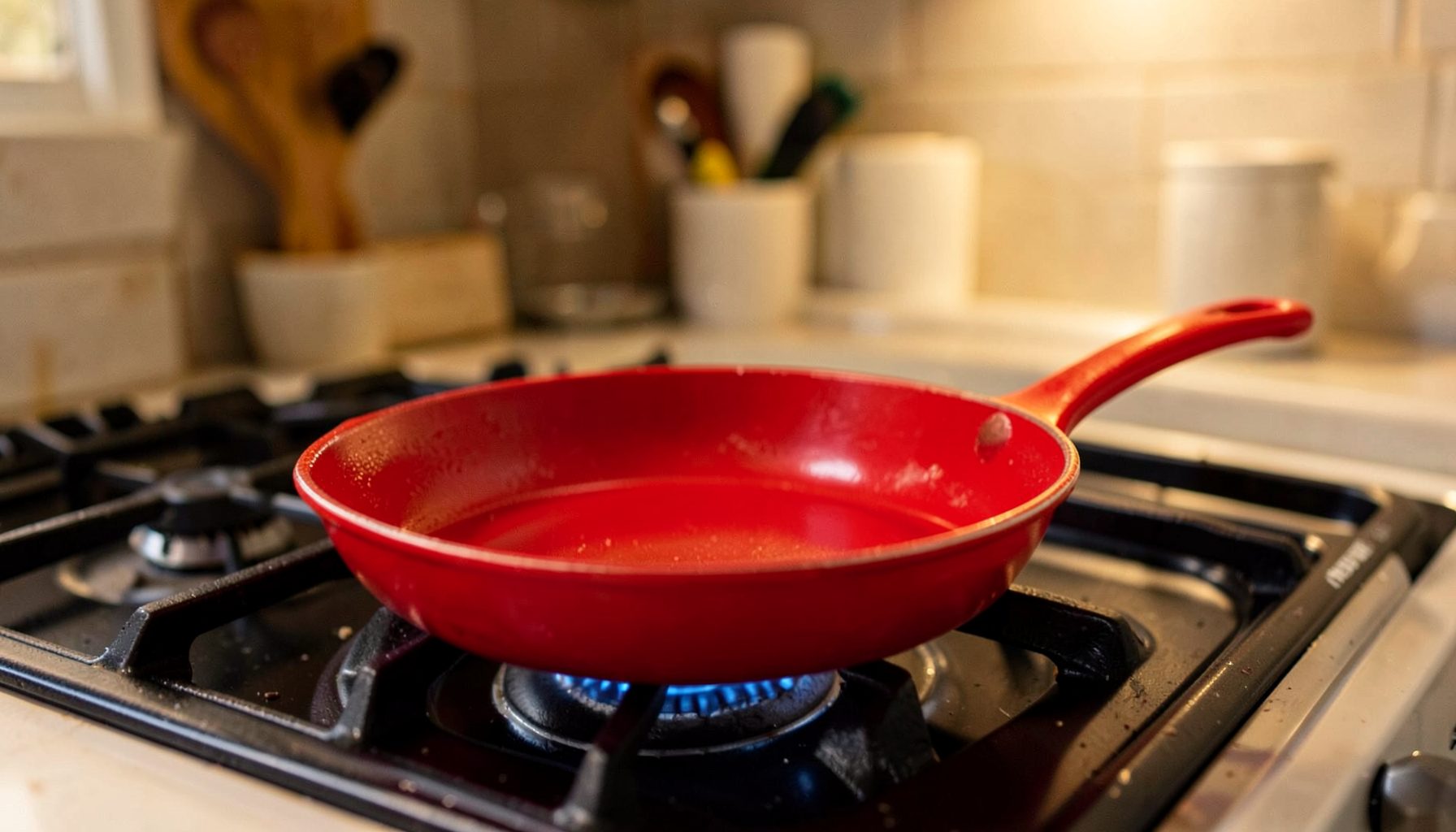 Bright red enameled cast iron fry pan on a stovetop, warm kitchen lighting
