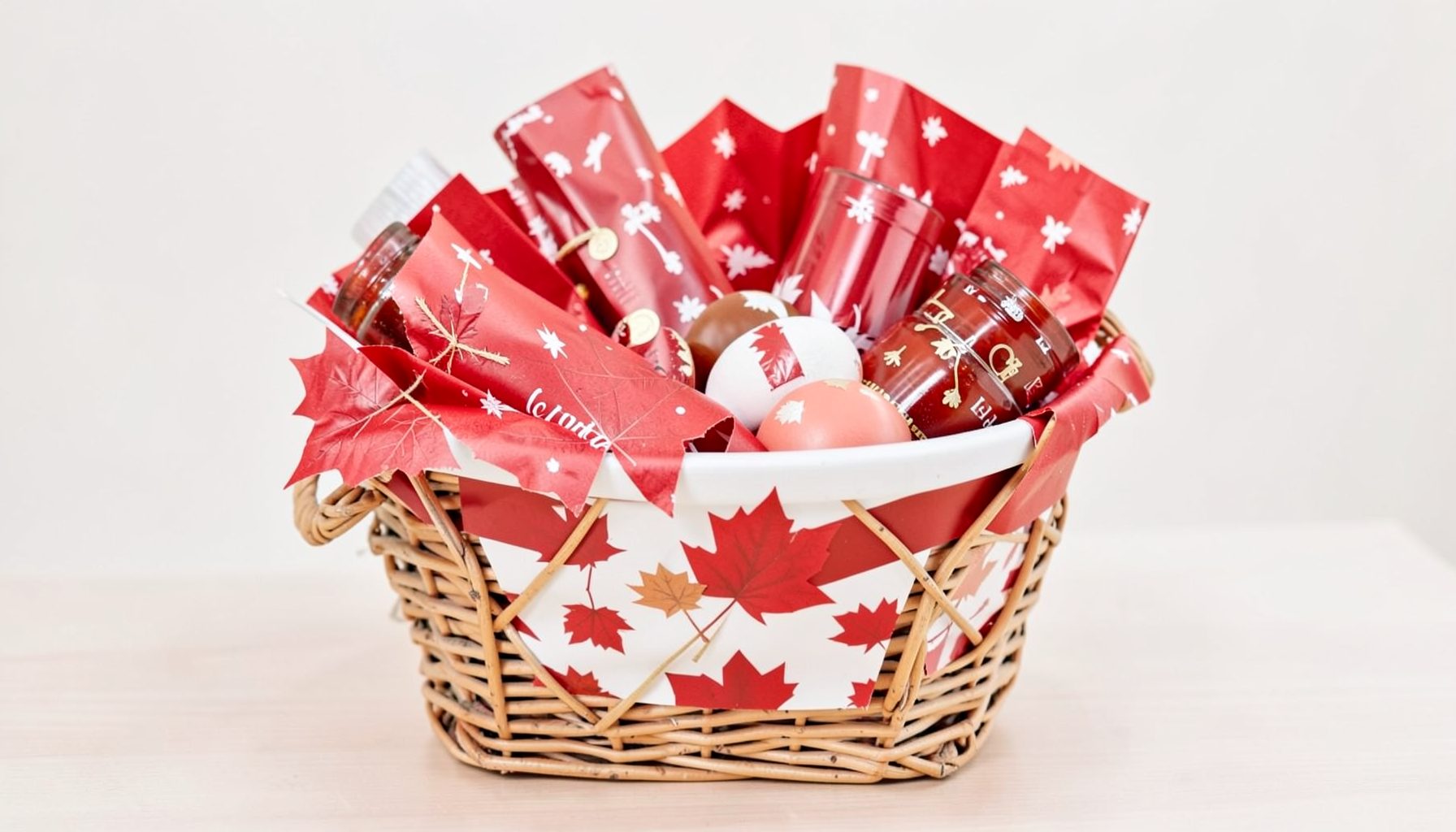Celebratory Canadian-themed gift basket with maple leaf accents and red-and-white packaging
