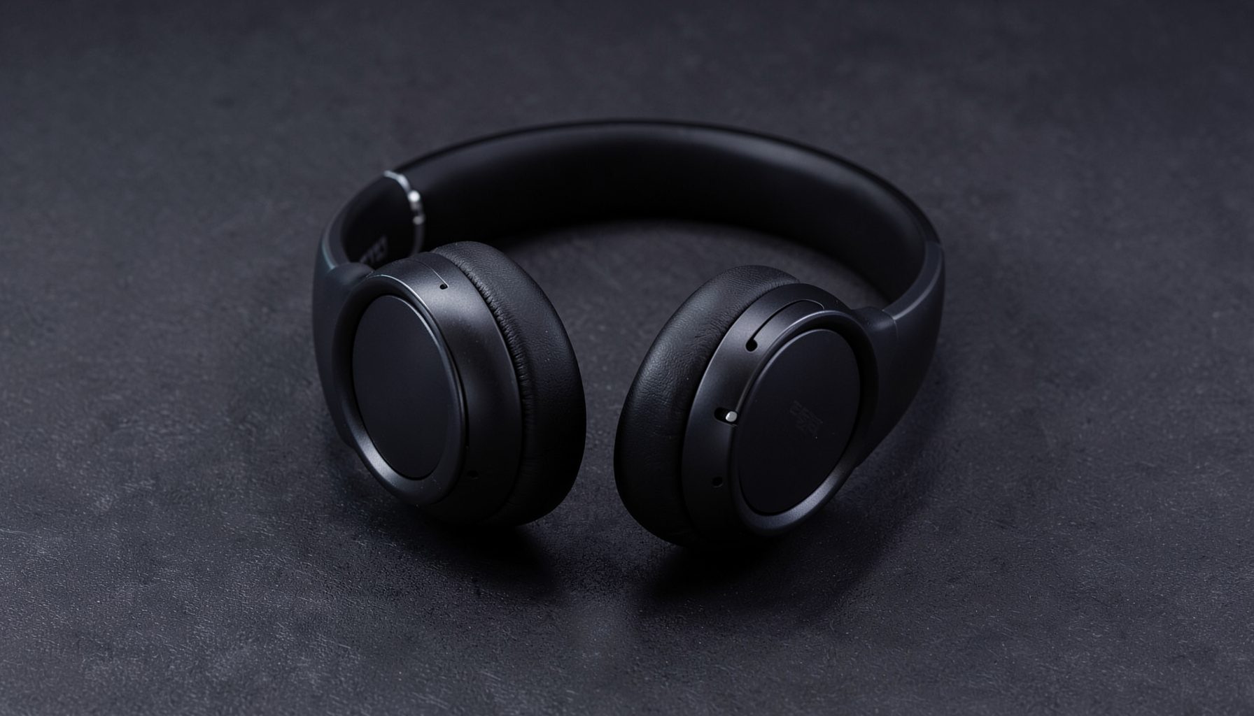 A pair of over-ear headphones on a dark textured surface, subtle studio lighting, sleek modern product photography mood.