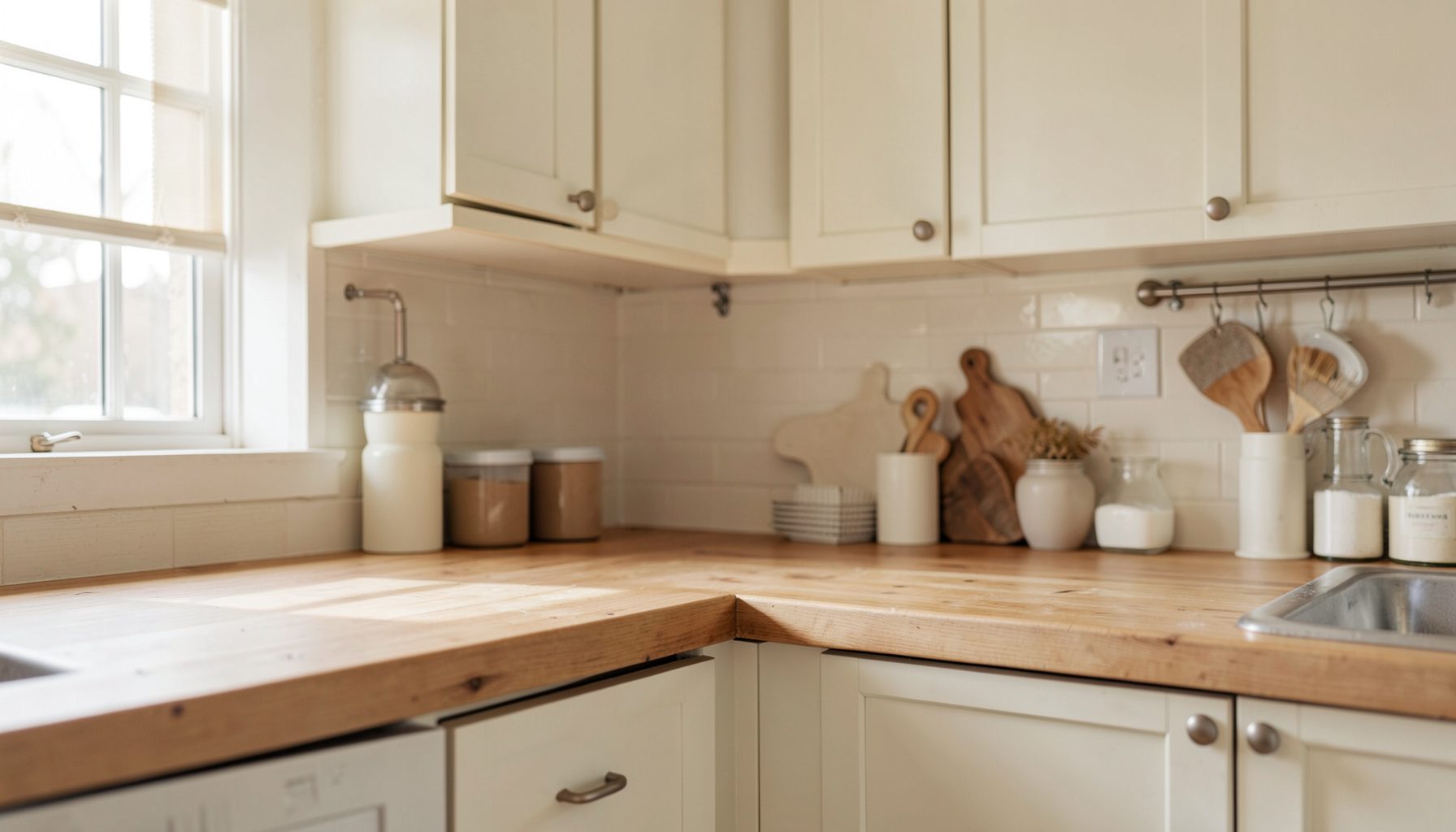Warm kitchen scene with soft natural light, wooden countertops, and neutral cream and beige tones