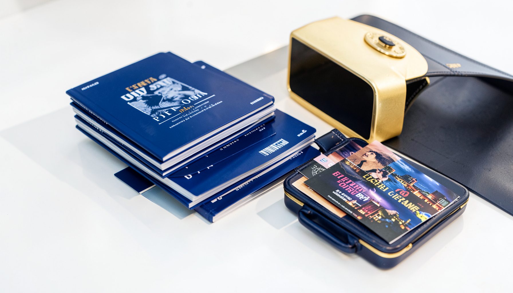 A stack of Blu-ray cases, event tickets, and a small suitcase on a bright surface, with deep navy and gold accents suggesting travel and entertainment.
