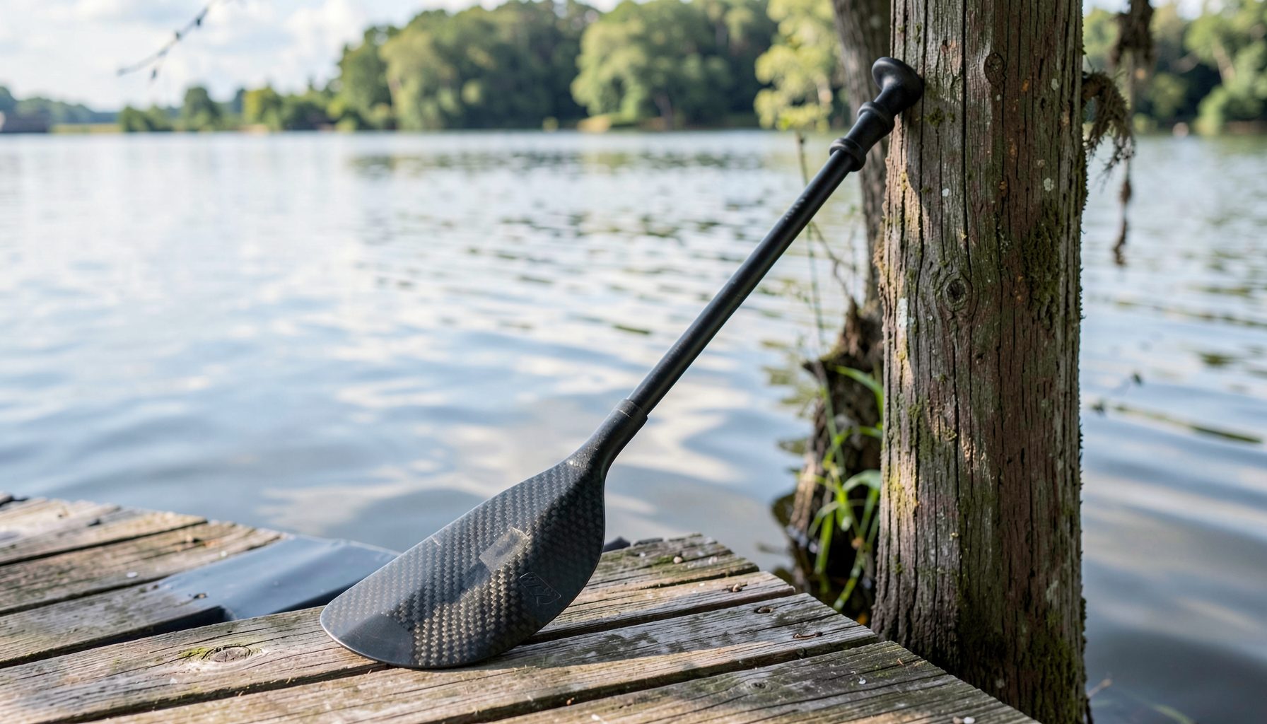 Carbon fiber kayak paddle leaning against a wooden dock with lake water in background