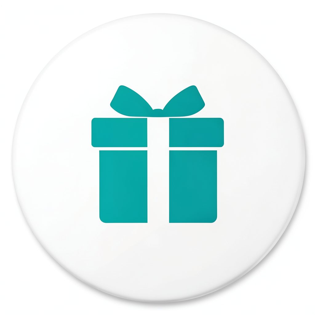 Circular badge icon with a stylized gift box silhouette in teal on white.