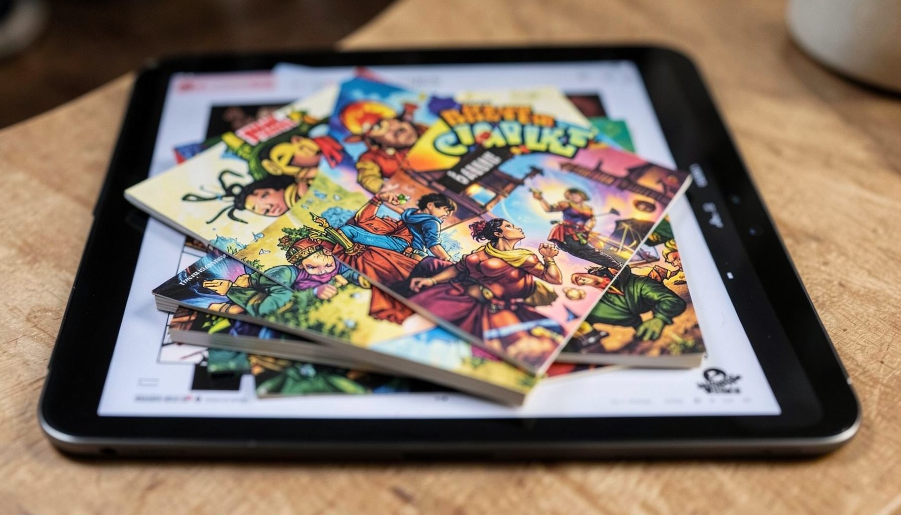 Stack of colorful fantasy comic ebooks on a tablet screen