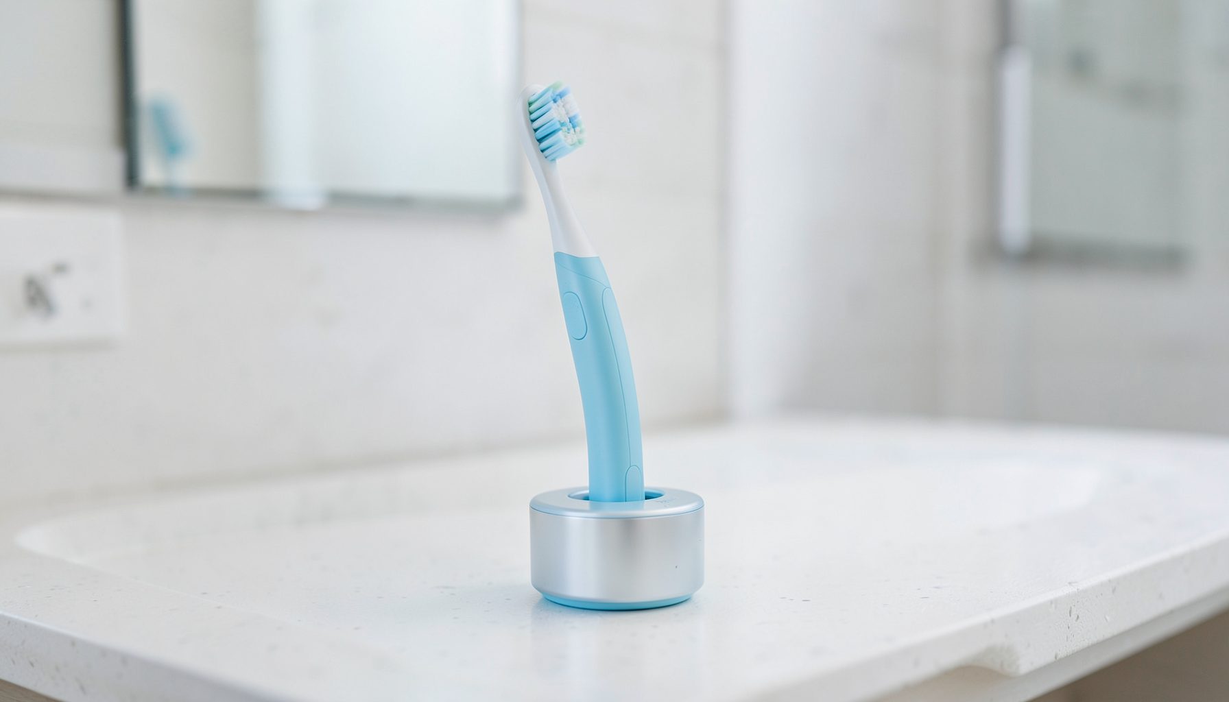 Sleek modern toothbrush with charging base on a bathroom counter, soft blue accents